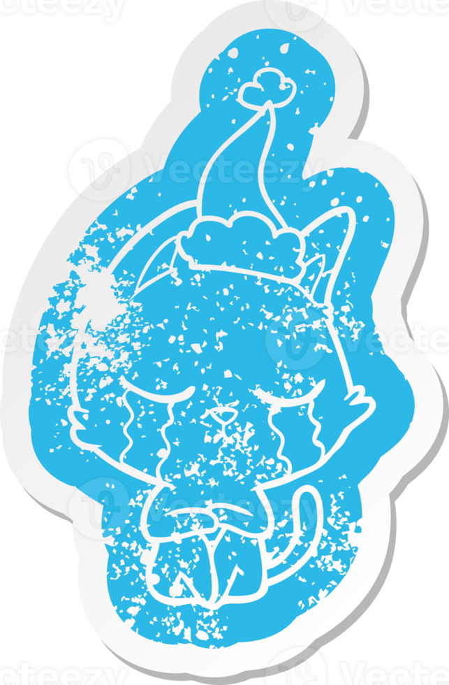 crying cartoon distressed sticker of a cat sitting wearing santa hat png