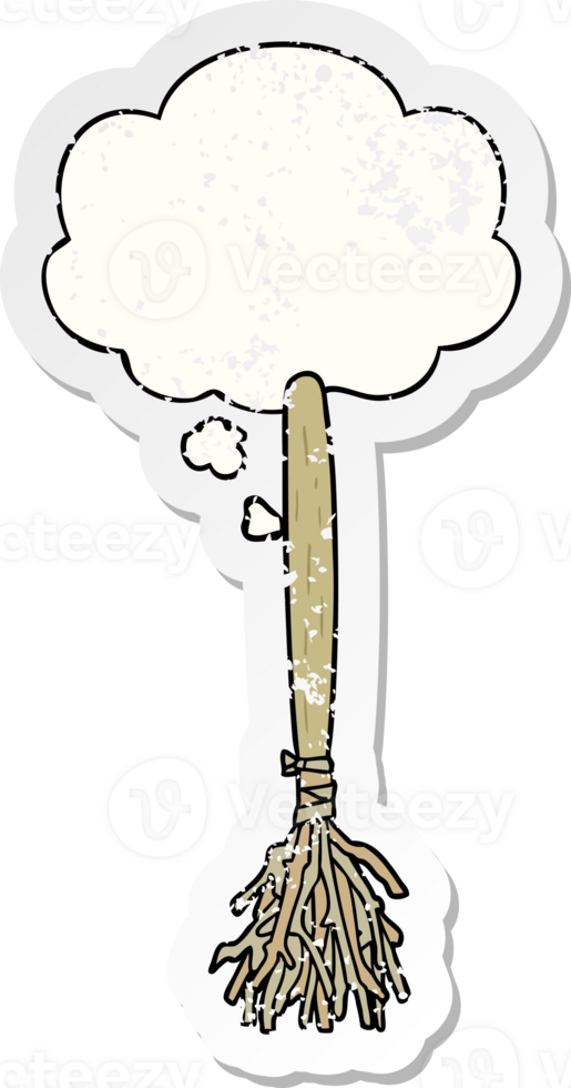 cartoon magic broom and thought bubble as a distressed worn sticker png
