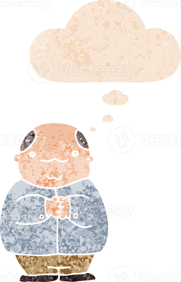 cartoon balding man and thought bubble in retro textured style png