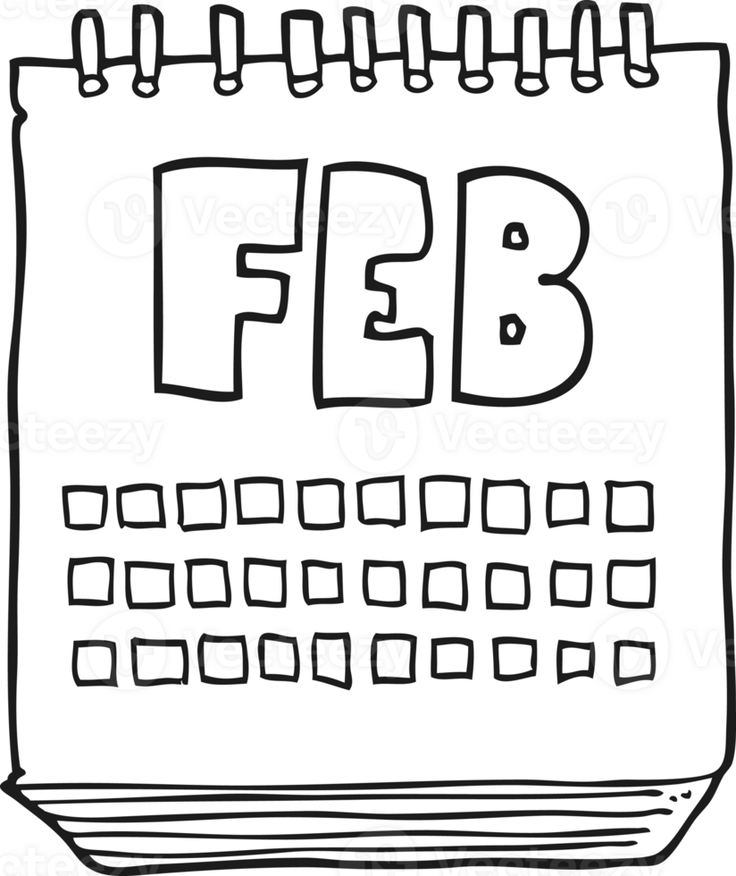 black and white cartoon calendar showing month of february png