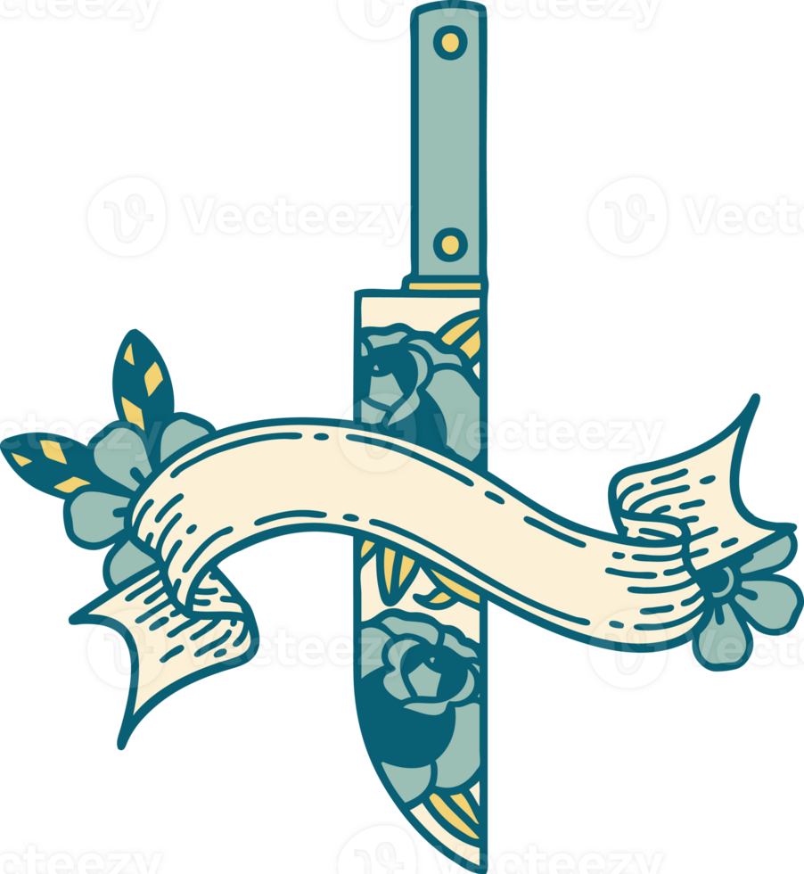 tattoo with banner of a dagger and flowers png