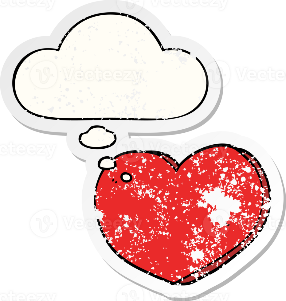 cartoon love heart and thought bubble as a distressed worn sticker png