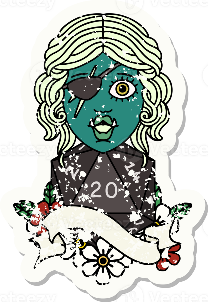 half orc rogue with natural twenty dice roll illustration png