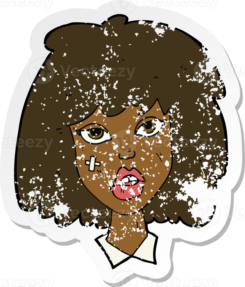 retro distressed sticker of a cartoon woman with bruised face png