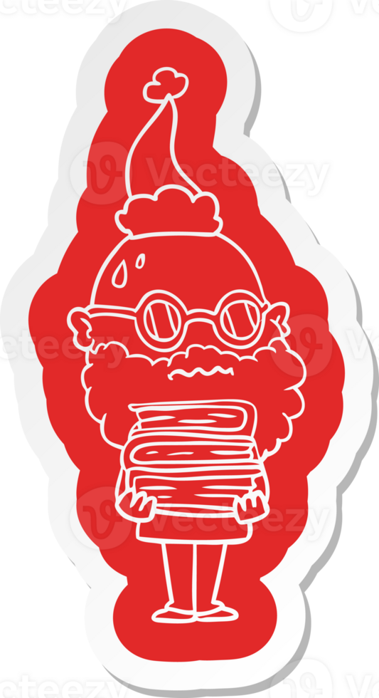 cartoon  sticker of a worried man with beard and stack of books wearing santa hat png
