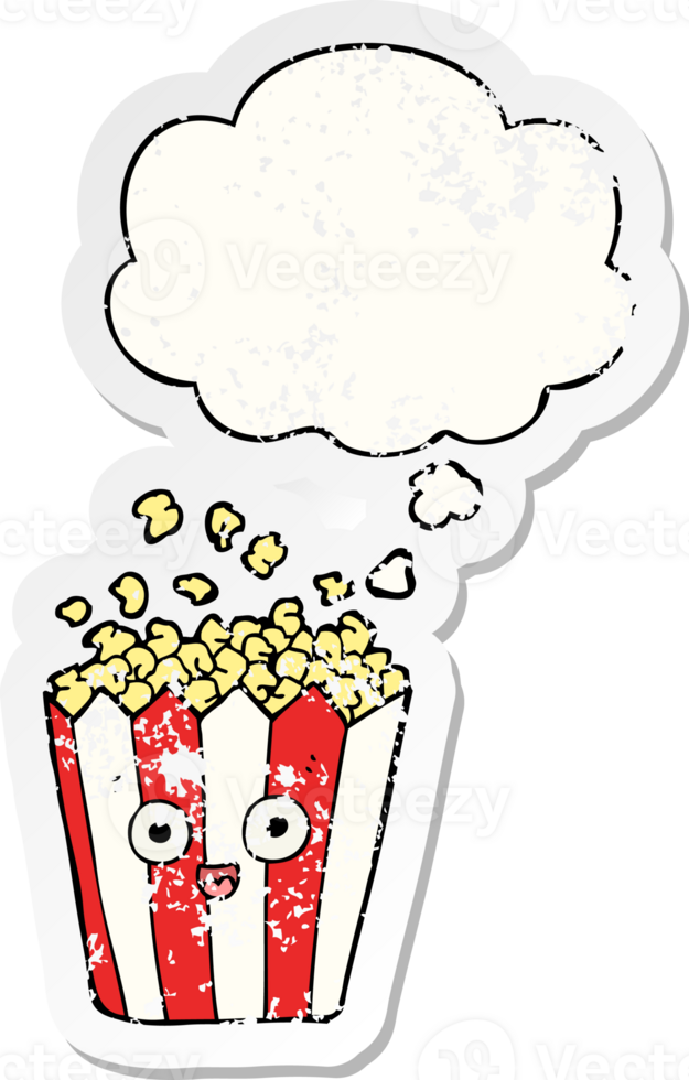 cartoon popcorn and thought bubble as a distressed worn sticker png