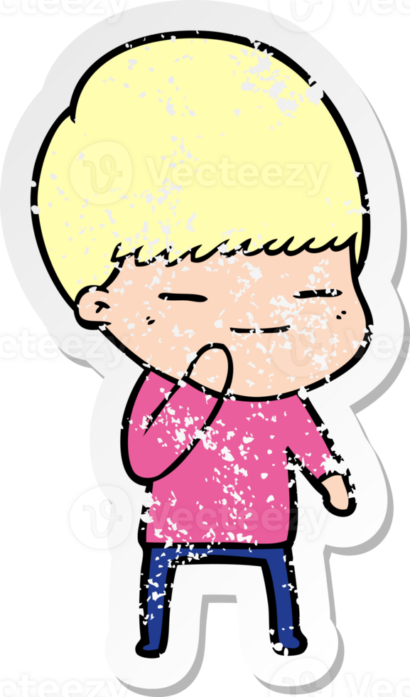 distressed sticker of a cartoon smug boy png