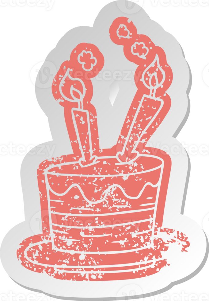 distressed old sticker of a birthday cake png