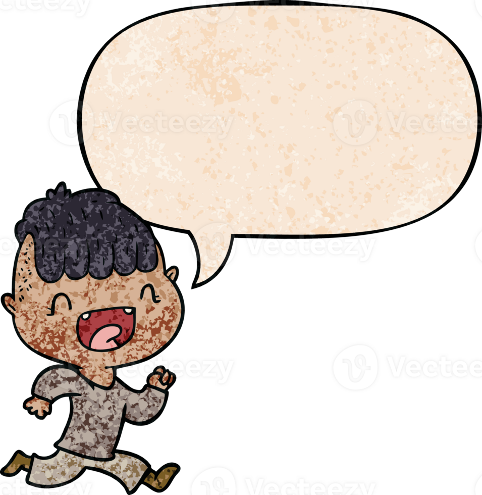 cartoon happy boy laughing and running away and speech bubble in retro texture style png