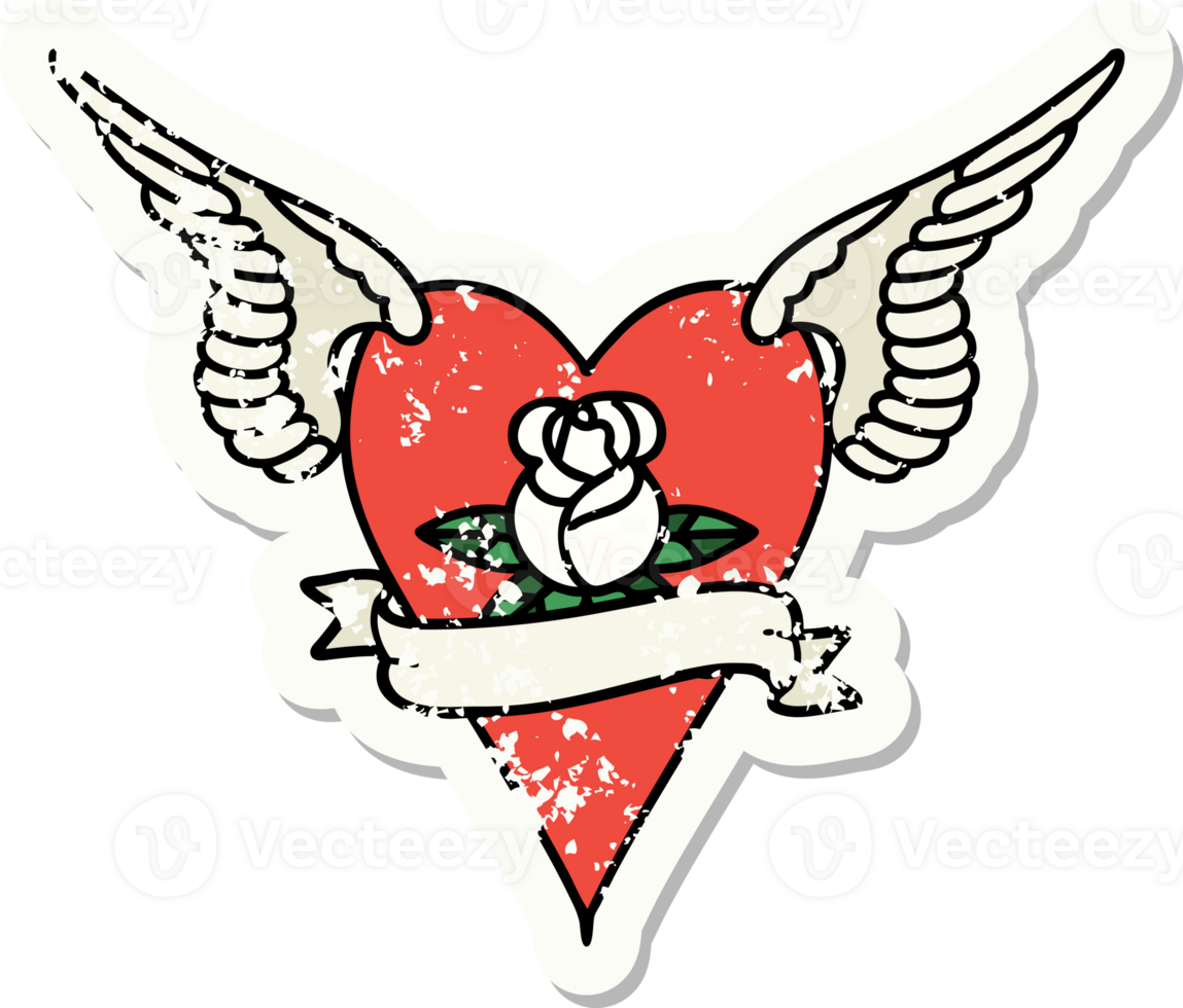 traditional distressed sticker tattoo of a flying heart with flowers and banner png