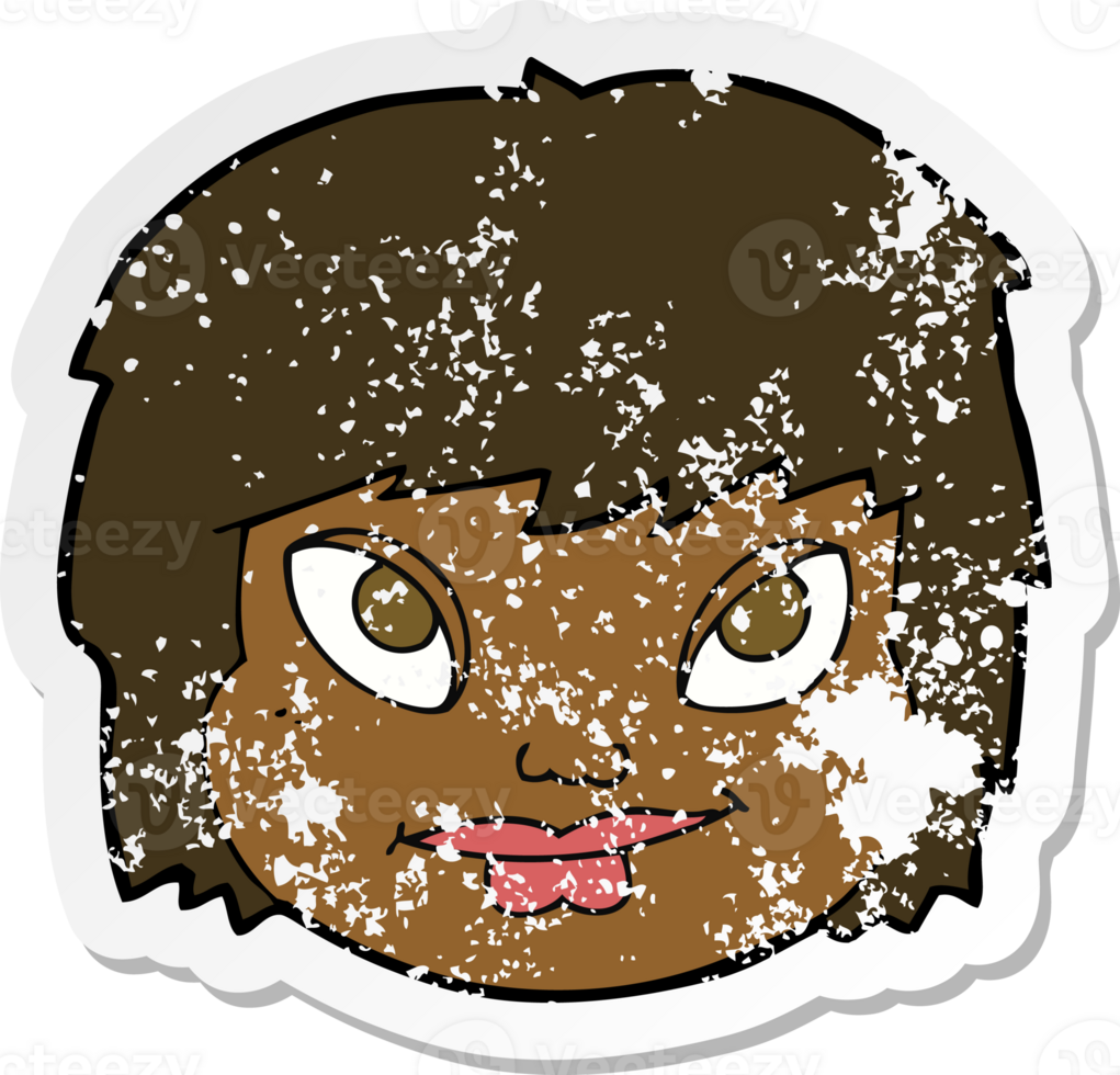 retro distressed sticker of a cartoon female face png