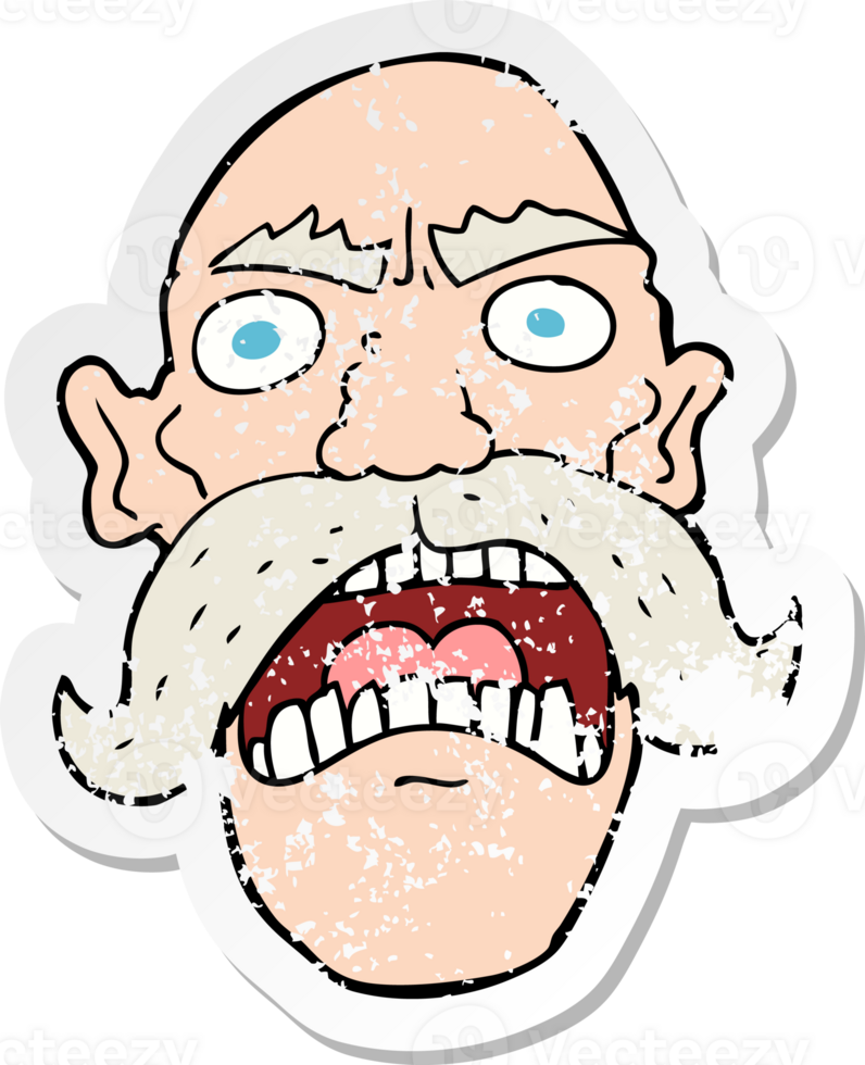 retro distressed sticker of a cartoon angry old man png
