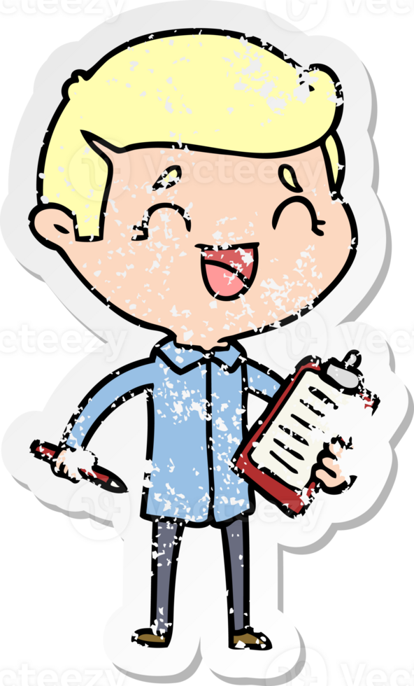 distressed sticker of a cartoon laughing man with clip board png