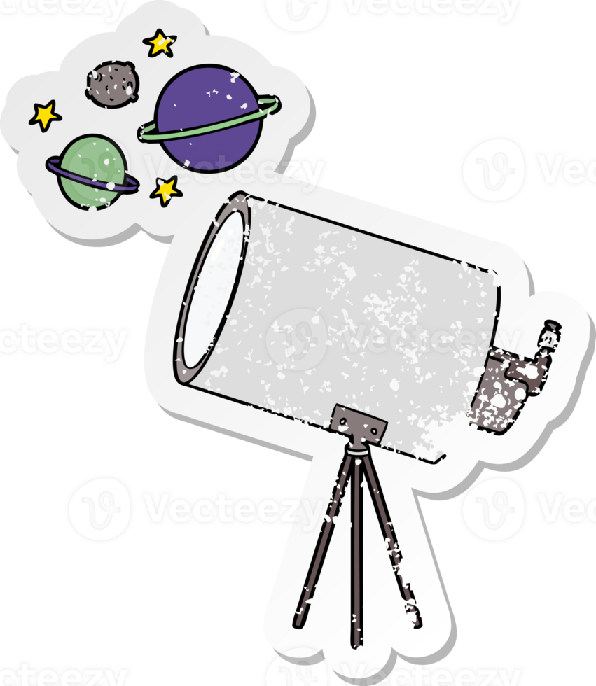 distressed sticker of a cartoon telescope looking at planets png