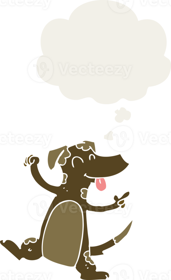 cartoon dancing dog and thought bubble in retro style png