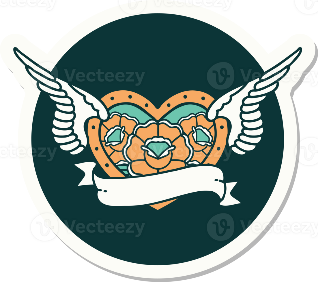 sticker of tattoo in traditional style of a flying heart with flowers and banner png