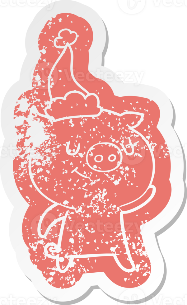 happy quirky cartoon distressed sticker of a pig wearing santa hat png