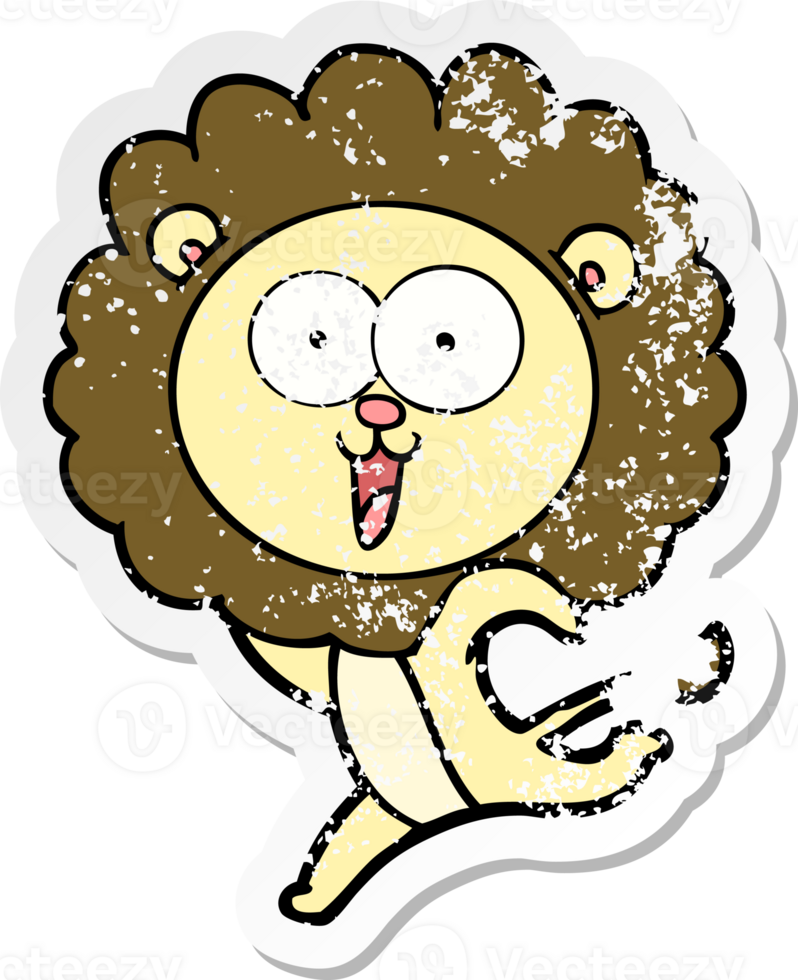 distressed sticker of a happy cartoon lion png