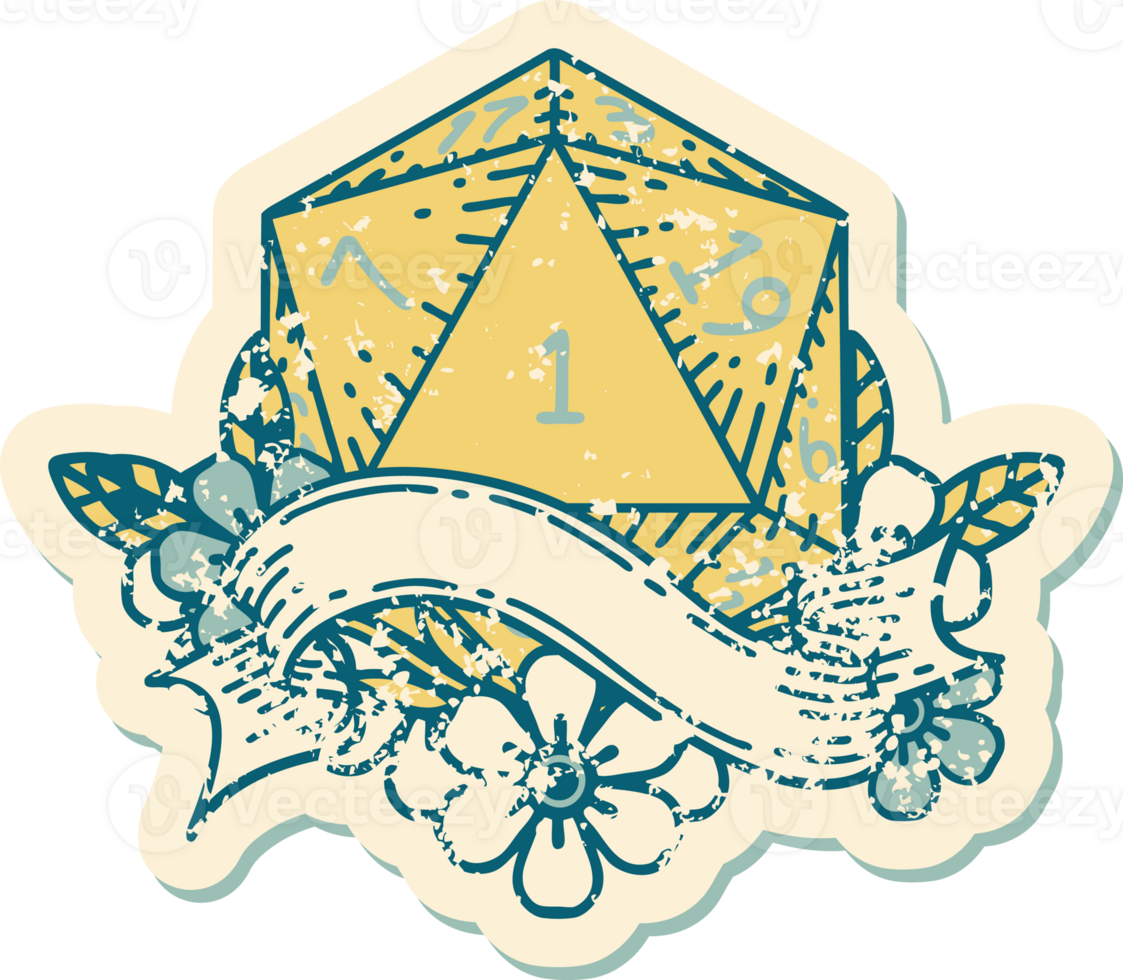 Retro Tattoo Style natural one d20 dice roll png
