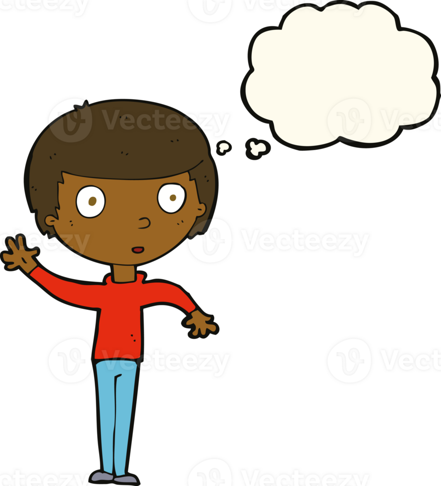 cartoon waving boy with thought bubble png