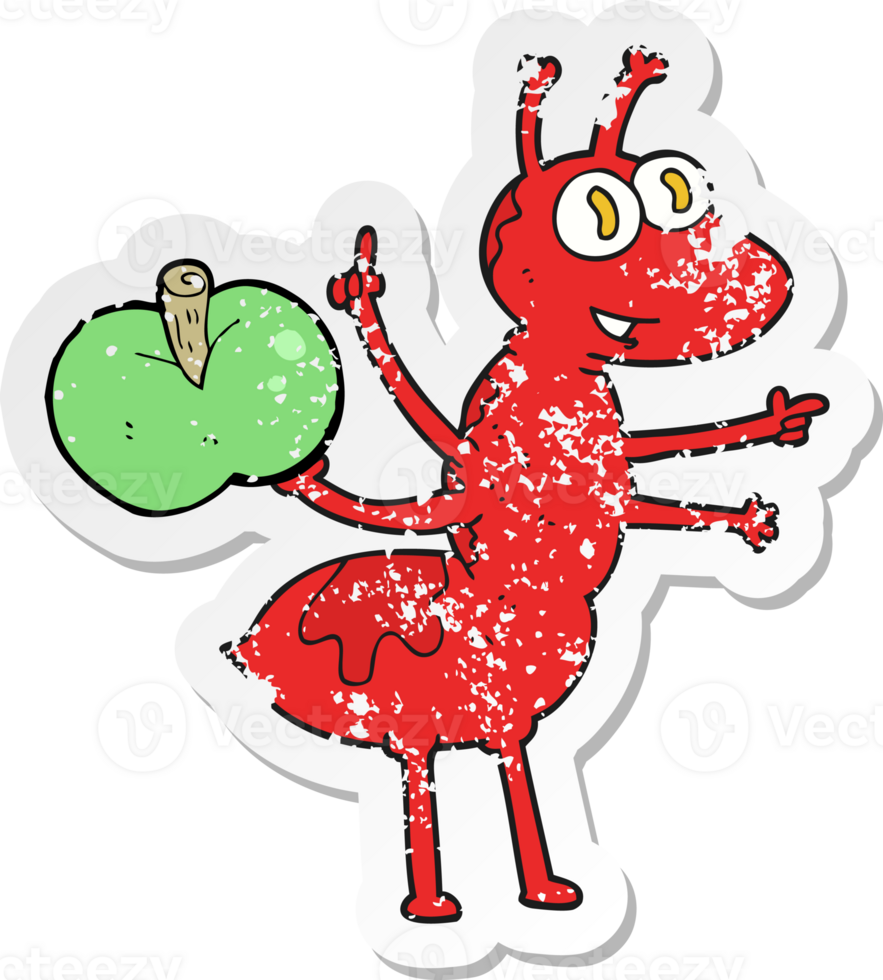 retro distressed sticker of a cartoon ant with apple png