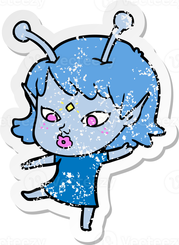 distressed sticker of a pretty cartoon alien girl png