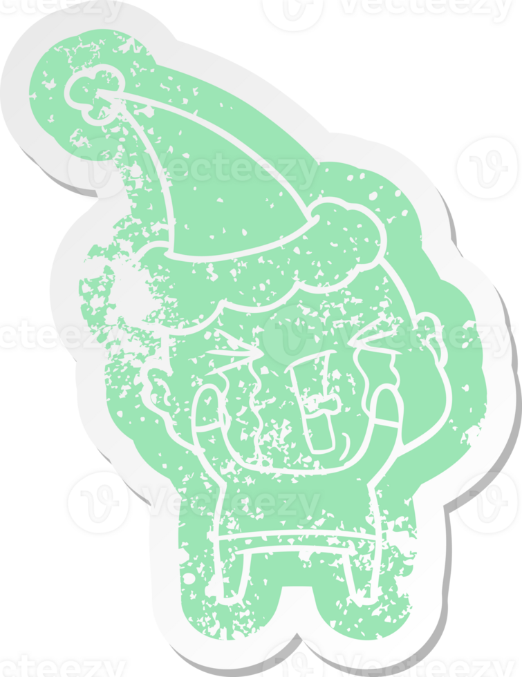 quirky cartoon distressed sticker of a crying bald man wearing santa hat png