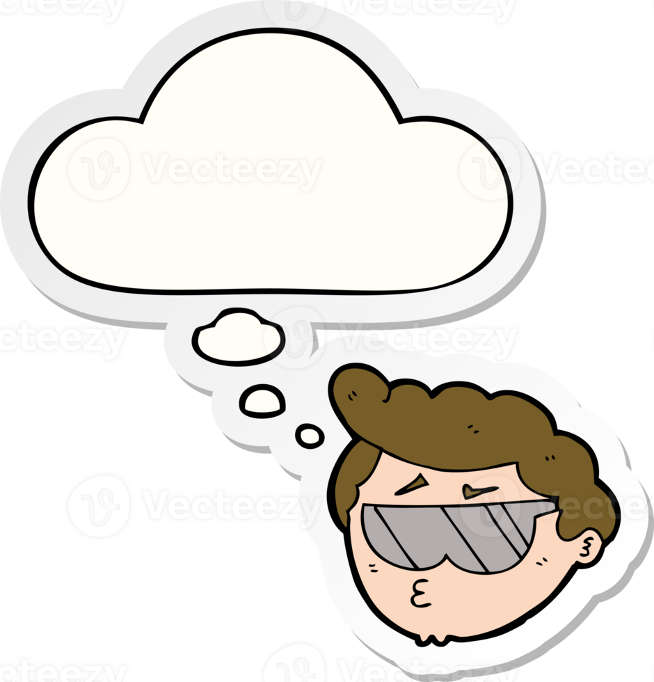 cartoon boy wearing sunglasses with thought bubble as a printed sticker png