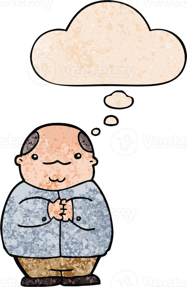 cartoon balding man with thought bubble in grunge texture style png