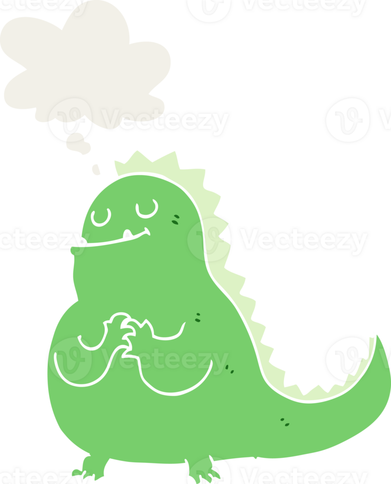 cartoon dinosaur with thought bubble in retro style png