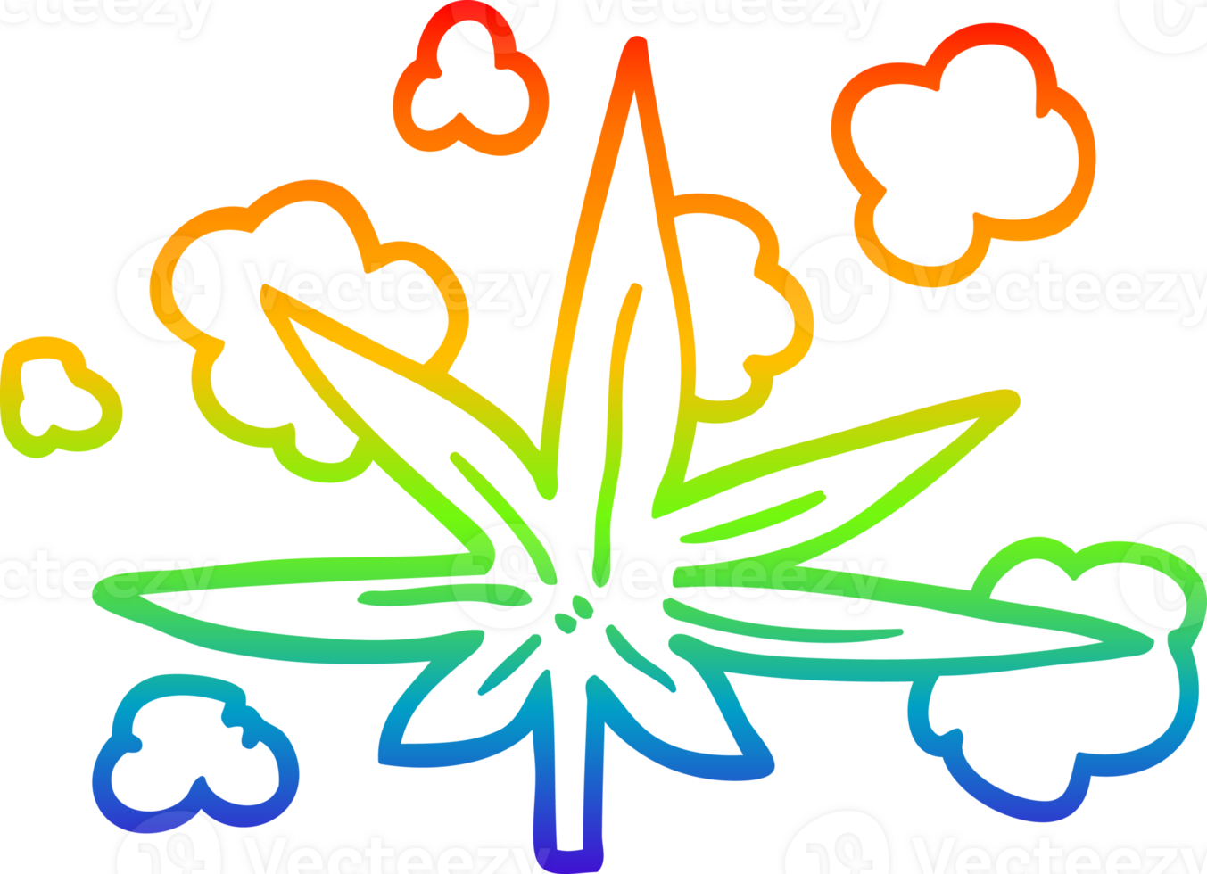 rainbow gradient line drawing of a cartoon marijuana leaf png