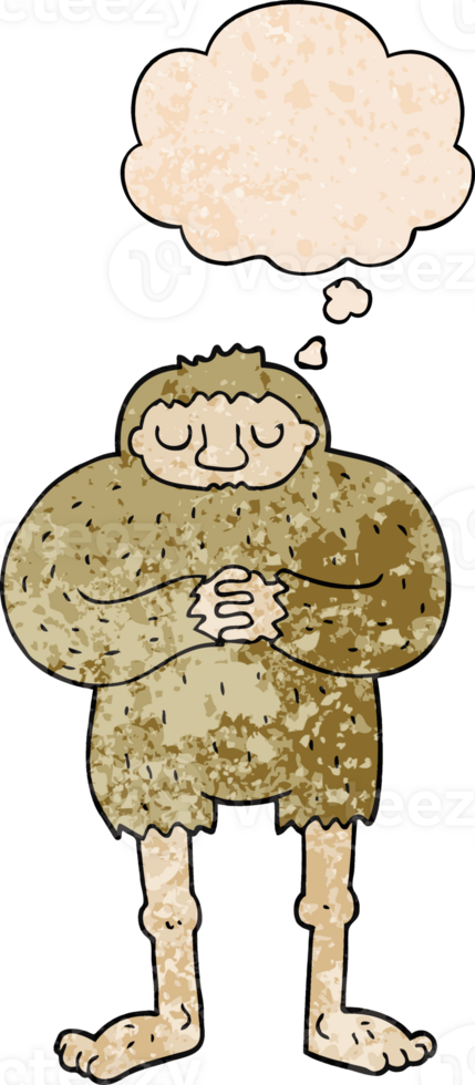 cartoon bigfoot with thought bubble in grunge texture style png