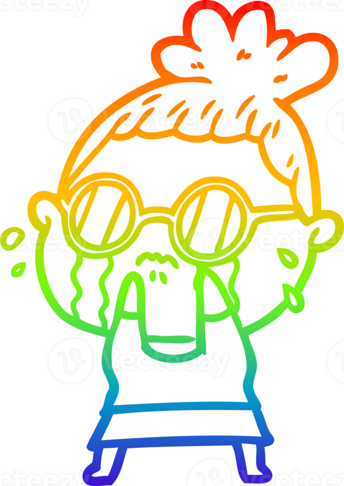 rainbow gradient line drawing of a cartoon crying woman wearing sunglasses png