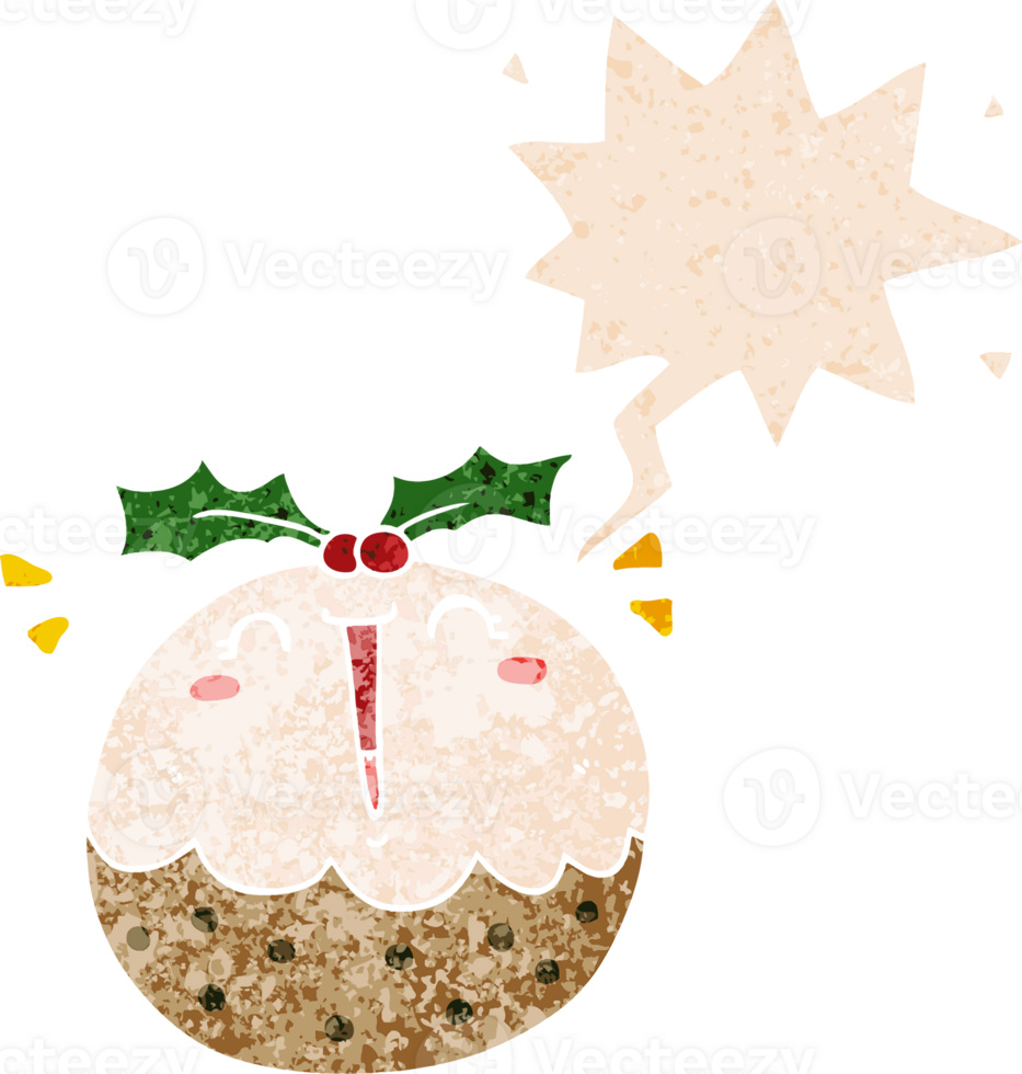 cute cartoon christmas pudding with speech bubble in grunge distressed retro textured style png