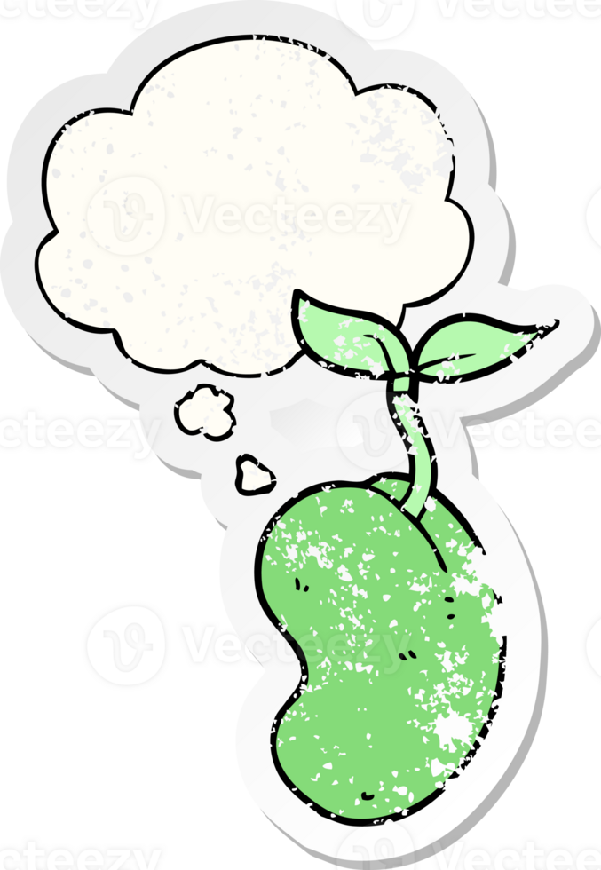 cartoon sprouting seed with thought bubble as a distressed worn sticker png