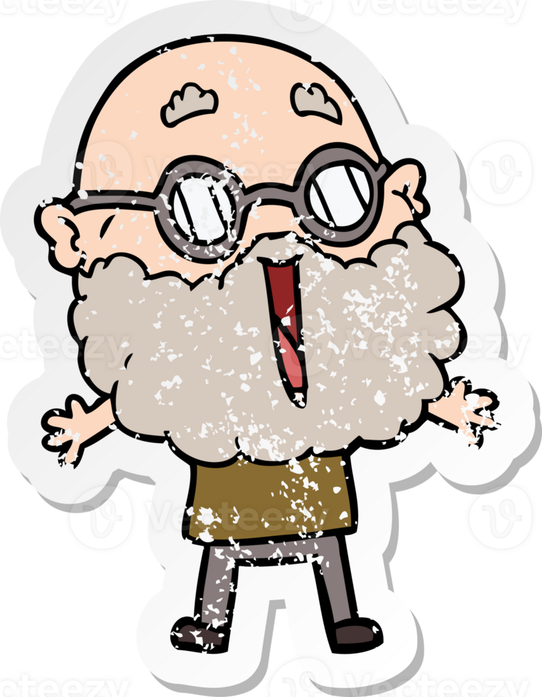 distressed sticker of a cartoon joyful man with beard png