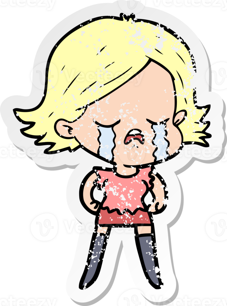 distressed sticker of a cartoon girl crying png