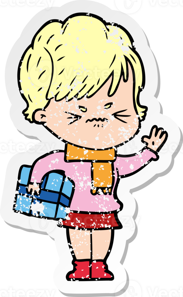 distressed sticker of a cartoon frustrated woman png