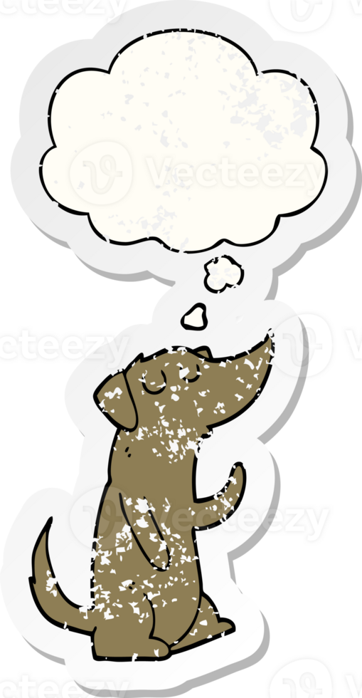 cartoon dog with thought bubble as a distressed worn sticker png