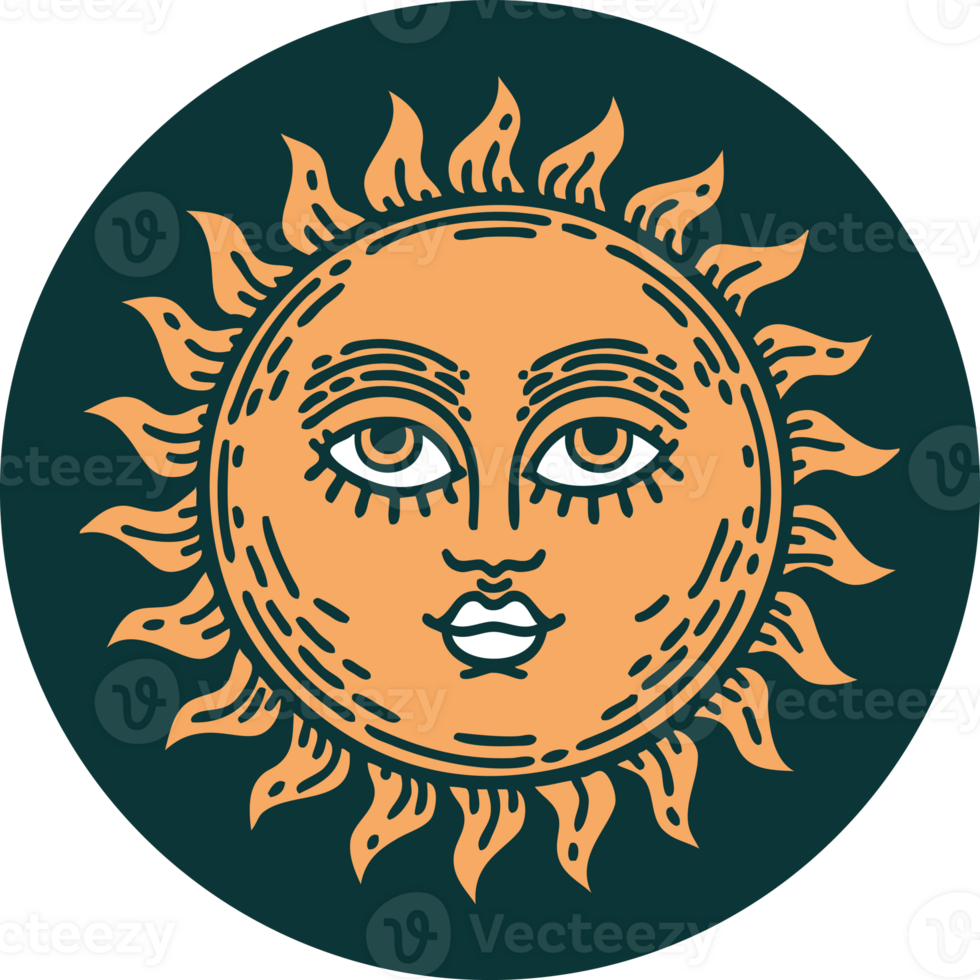iconic tattoo style image of a sun with face png