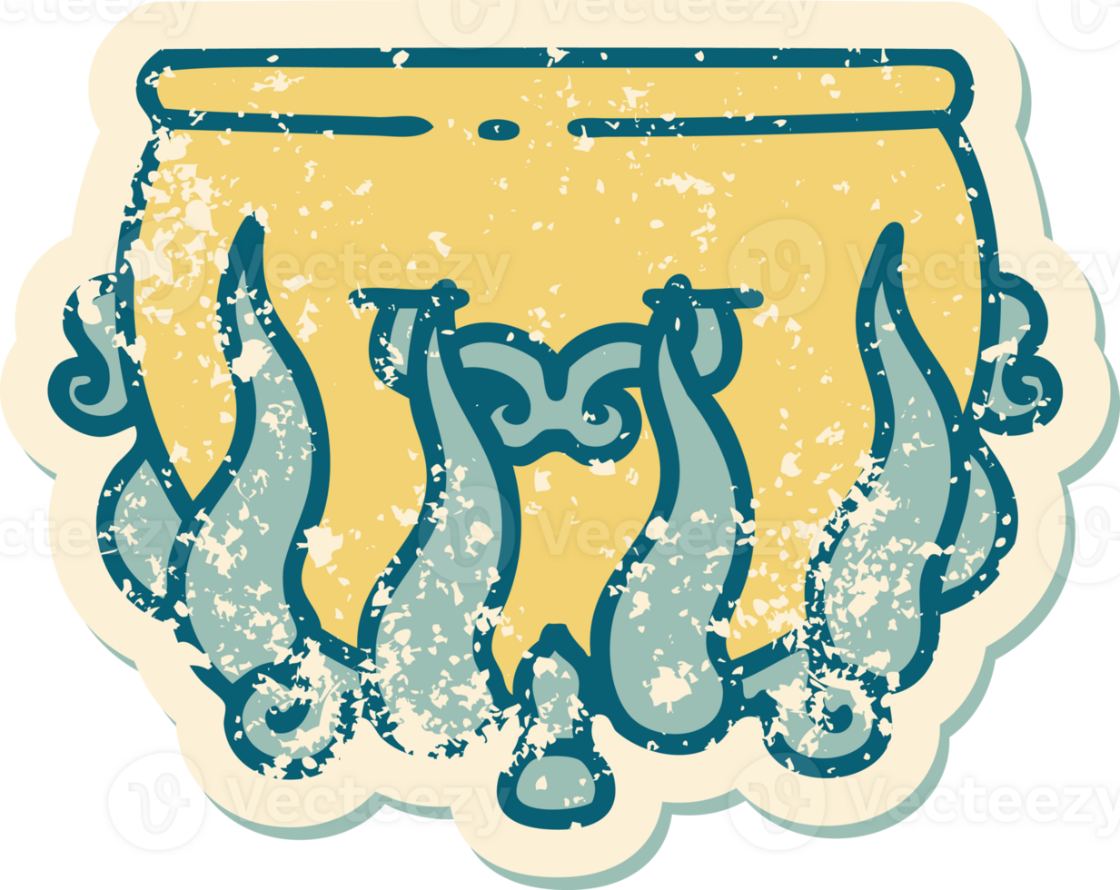 iconic distressed sticker tattoo style image of a lit cauldron png