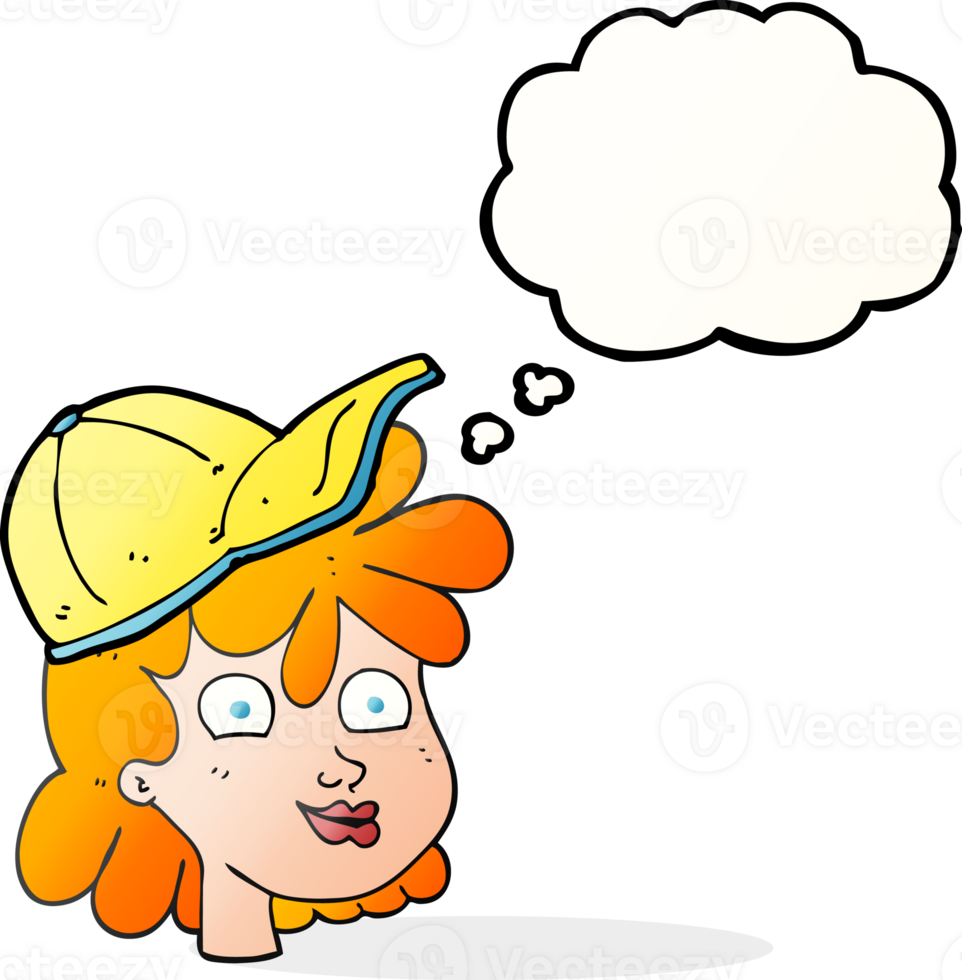 hand drawn thought bubble cartoon woman wearing cap png