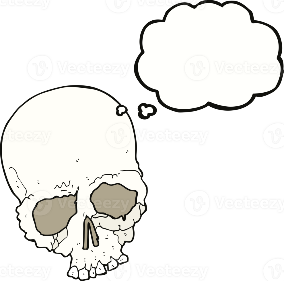 cartoon spooky old skull with thought bubble png