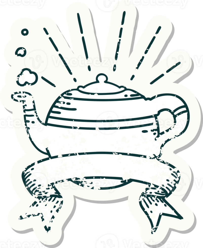 worn old sticker of a tattoo style steaming teapot png