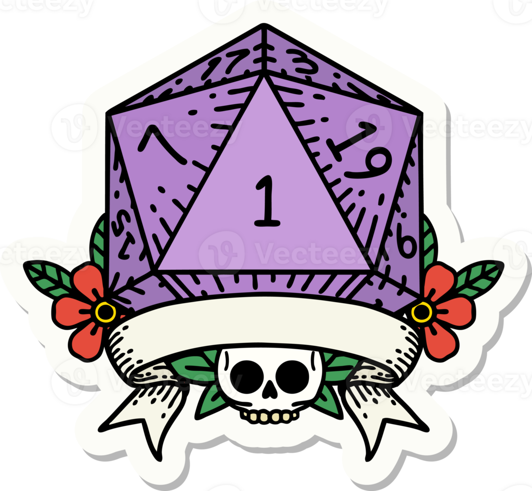 sticker of a natural one d20 dice roll png