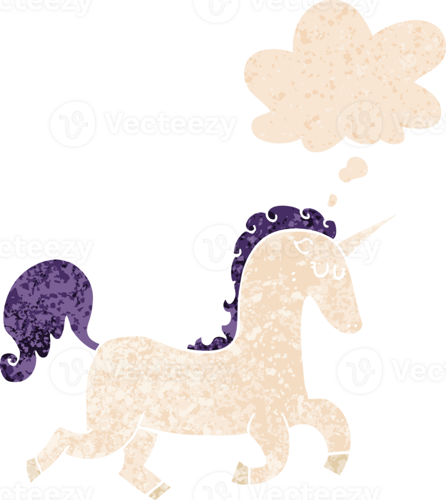 cartoon unicorn with thought bubble in grunge distressed retro textured style png