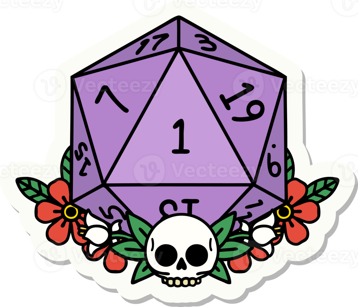sticker of a natural one dice roll with floral elements png