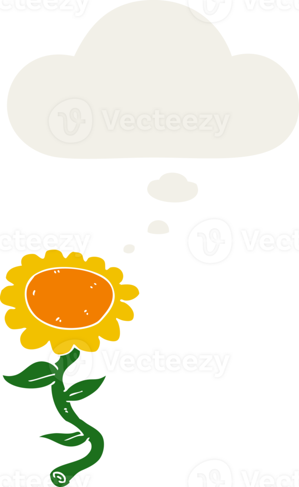 cartoon sunflower with thought bubble in retro style png