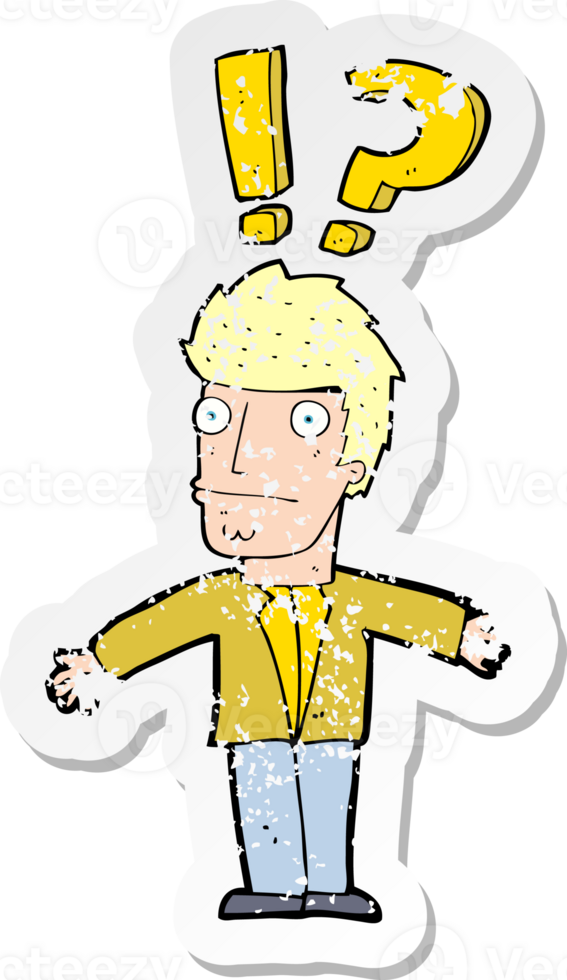 retro distressed sticker of a cartoon confused man png