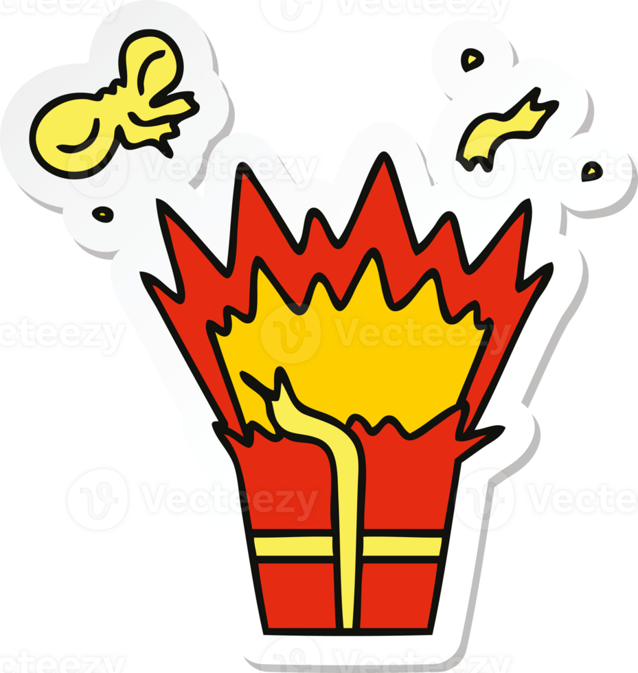 sticker of a quirky hand drawn cartoon of an explosive present png